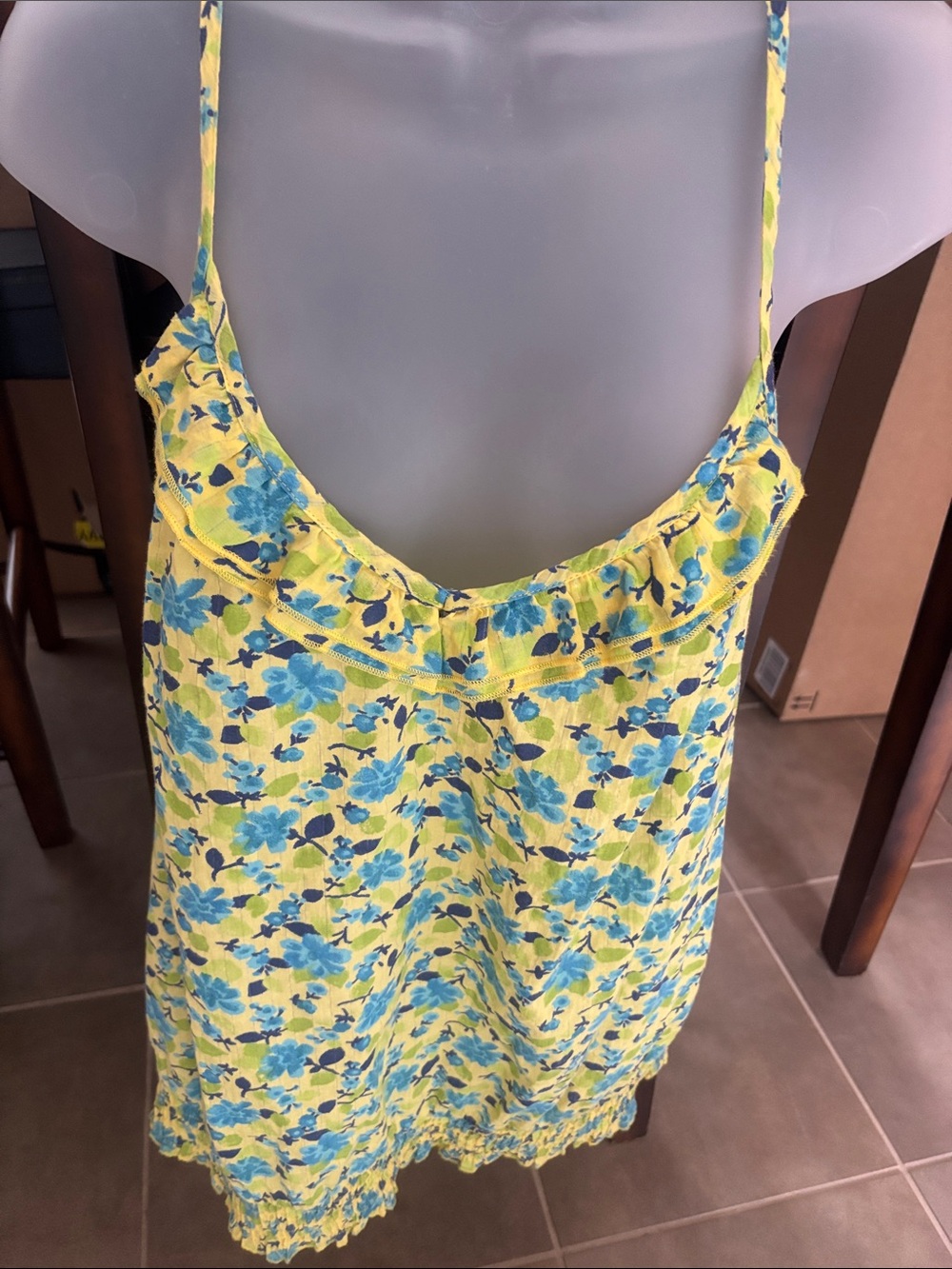 vibrant yellow and blue ditsy floral print camisole tank top